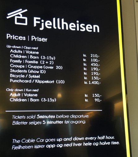 Preços do teleférico